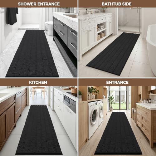 Bcoimo Bath Rug Mat, 70x24 Chenille Non Slip Black Long Bathroom Runner Rug