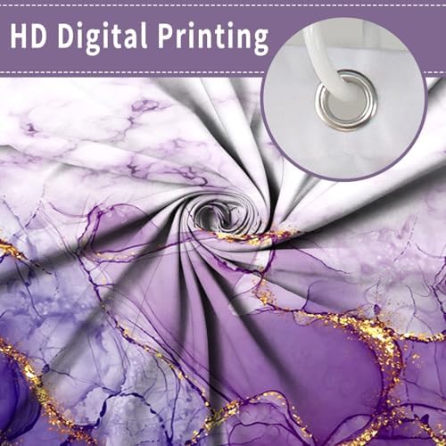 Marble Shower Curtain, Ombre Purple Gold Ink Shower Curtains for Bathroom, Modern Abstract Aesthetic Bathtub Decor Waterproof Fabric Watercolor Bath Curtain Set with Hooks 72x84 inch