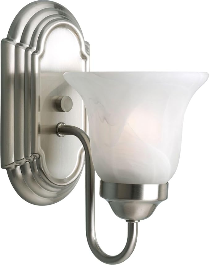 Progress Lighting 1 Light Bathroom Vanity Light, Modern Bath Lighting Fixture with White Glass Shade for Over the Mirror, Alabaster Glass Collection, Reversible Mounting, Brushed Nickel (P3051-09)
