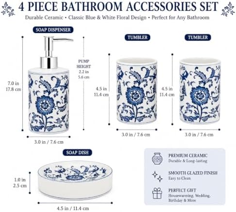 4 Piece Blue and White Ceramic Bathroom Accessories Set, Chinoiserie Floral Soap Dispenser, 2 Toothbrush Holders/Tumblers and Soap Dish, Porcelain Style Bath Countertop Decor