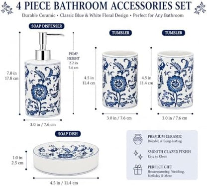 4 Piece Blue and White Ceramic Bathroom Accessories Set, Chinoiserie Floral Soap Dispenser, 2 Toothbrush Holders/Tumblers and Soap Dish, Porcelain Style Bath Countertop Decor