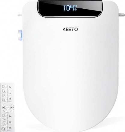 Smart Bidet Toilet Seat Round, KEETO Electric Heated Seat with Instant Warm Water, Warm Air Dryer, Front & Rear Wash, Oscillating Nozzle, Wireless Remote, Night Light, Soft Close Lid