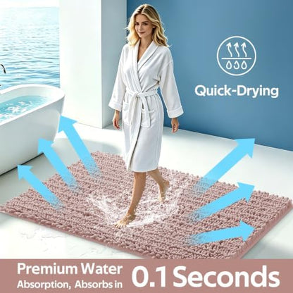 ACCUMTEK Upgrade Extra Large Dusty Pink Bathroom Rug Set 3 Pieces Ultra Soft, Thick Absorbent Bath Mats, Non Slip Chenille Toilet Mat for Bathroom, Bedroom, Kitchen
