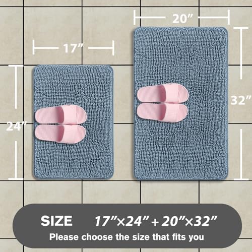 Blue Bathroom Rugs Sets 2 Piece – Absorbent and Washable Bath Mat, Non-Slip, Thick Soft Chenille Bath Rugs for Bathroom Floor, Shower, Sink - 17" x 24"+20" x 32"