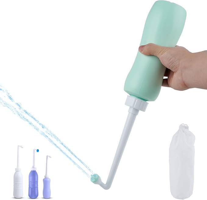 Hibbent Portable Bidet Sprayer and Travel Bidet with Hand Held Bottle for Personal Cleansing, Extended Nozzle Spray for Childbirth, Personal Hygiene, Outdoor, Camping with Travel Bag- 22oz/ Green