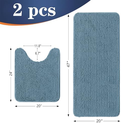OLANLY Chenille Bathroom Rugs Mats Sets 2 Piece, 47"x20"+24"x20", Airy Blue