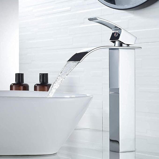 VOTON Vessel Sink Faucet Chrome Modern Tall Waterfall Bathroom Sink Faucet Single Handle Bathroom Faucet 1 Hole Bowl Lavatory Vanity Faucet, Rv Sink Camper Farmhouse Bathroom Utility Remodel Faucet