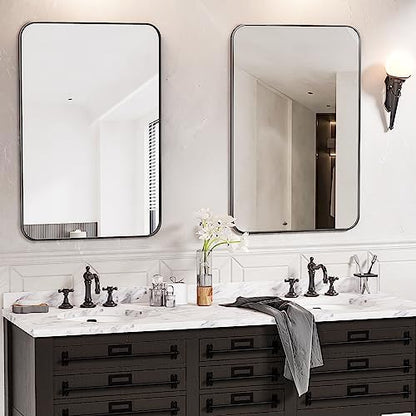 Antok 24x36 Black Metal Framed Bathroom Mirror, Wall Mirror with Round Corners, Vanity Mirror for Over Sink, Anti-Rust Tempered Glass, Horizontal/Vertical Hanging for Bathroom, Living Room, Entryway
