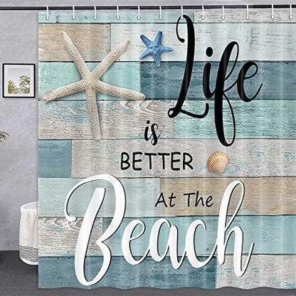 Beach Shower Curtain, Rustic Vintage Wood Ocean Quote Words Fabric Decor Bath Curtain, Nautical Coastal Starfish Theme Shower Curtain Accessories with Hooks 60X70in