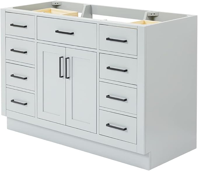 ARIEL Hepburn 48-inch Bathroom Vanity Base Cabinet,Solid Wood, 2 Soft Closing Doors, 9 Dovetail Drawers, Grey