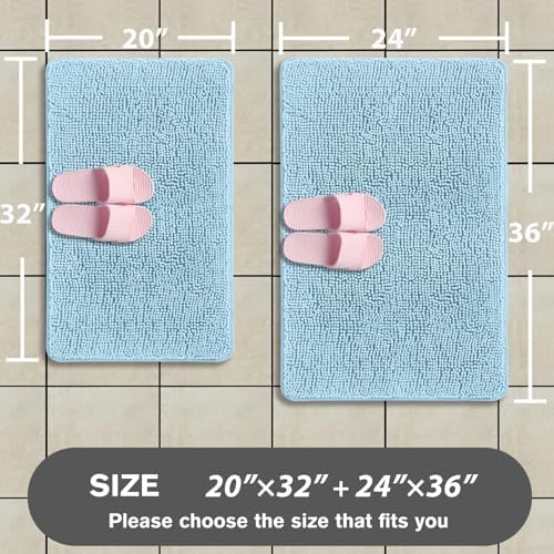Light Blue Bathroom Rugs Sets 2 Piece – Absorbent and Washable Bath Mat, Non-Slip, Thick Soft Chenille Bath Rugs for Bathroom Floor, Shower, Sink - 20" x 32"+24" x 36"