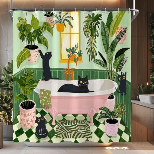 Funny Cat Shower Curtain for Bathroom Green 72x72 Inch