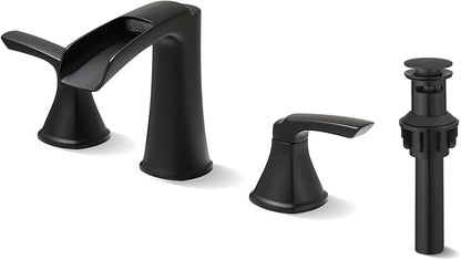 Fapully Black Bathroom Faucet 3 Hole, Waterfall 8 Inch Widespread Bathroom Sink Faucet with Pop-up Drain, Two-Handle Faucet for Bathroom Sink