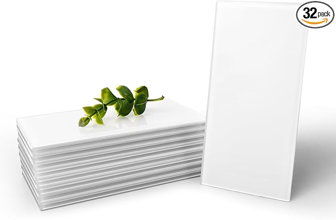 Art3d 4 Sq Ft Glass Backsplash Tiles, 32-Piece Glass Peel and Stick for Kitchen or Bathroom, 3" x 6" Subway White Backsplash Tiles