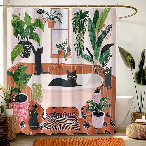 Funny Cat Shower Curtain Boho Cute Fun Black Cats Matisse Shower Curtains for Bathroom Kitten Green Tropical Plant Leaves Beige Brown Red Waterproof Fabric Bath Curtain Decor 72 X 72 Inches