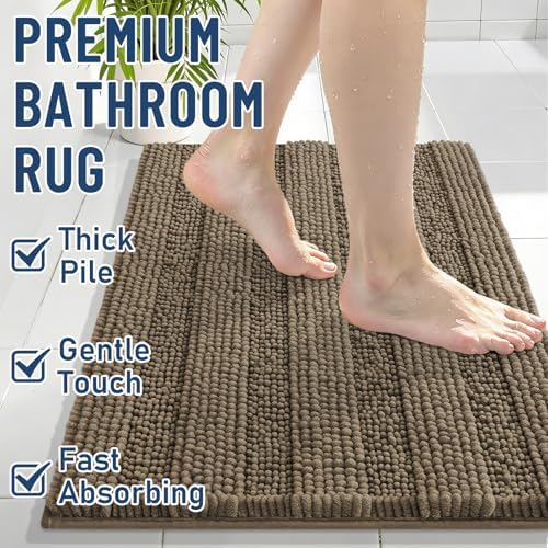 Grandaily Chenille Striped Bathroom Rugs 30x20, Extra Thick and Absorbent Bath Mats, Non-Slip Soft Plush Shaggy Shower Carpet, Machine Wash Dry, Bath Rug for Bathroom, (Medium, Camel)