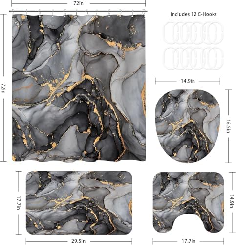 NBVKO 4 Pcs Black Marble Shower Curtain Sets with Rugs Gold Bathroom Sets with Shower Curtain and Rugs Modern Abstract Bathroom Decor Accessories Shower Curtains for Bathroom Toilet Lid Cover