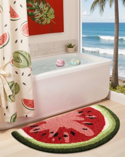 DEXI Cute Watermelon Bath Mat, Half Round Fruit Bathroom Rugs 36x20
