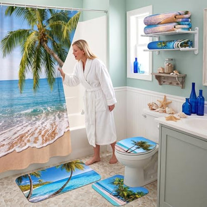 FuWeave 8 Pcs Tropical Beach Shower Curtain Set Summer Palm Tree Bathroom Decor Sea Ocean Waterproof Bathroom Accessories Shower Curtain Sets with Towels Carpet Bath Mat Toilet Rugs and 12 Hooks