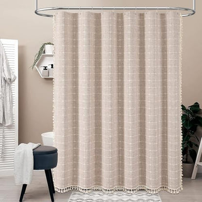 BTTN 108x72 Boho Farmhouse Linen Heavy Duty Shower Curtain Set, Tan/Taupe