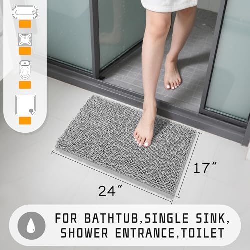 Yimobra Washable Bathroom Rugs, Super Soft & Absorbent Chenille Bath Mat for Floor & Carpet, Quick Dry Non Slip Bath Mat for Tub Shower, 24" x 17",Gray