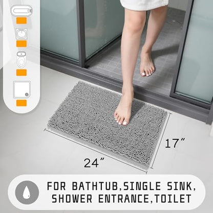 Yimobra Washable Bathroom Rugs, Super Soft & Absorbent Chenille Bath Mat for Floor & Carpet, Quick Dry Non Slip Bath Mat for Tub Shower, 24" x 17",Gray