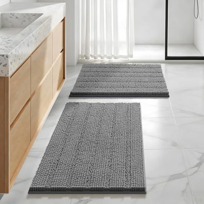 Bcoimo Bath Rug Mat Sets, 2 Piece Extra Soft Chenille Gray Bathroom Mat Set
