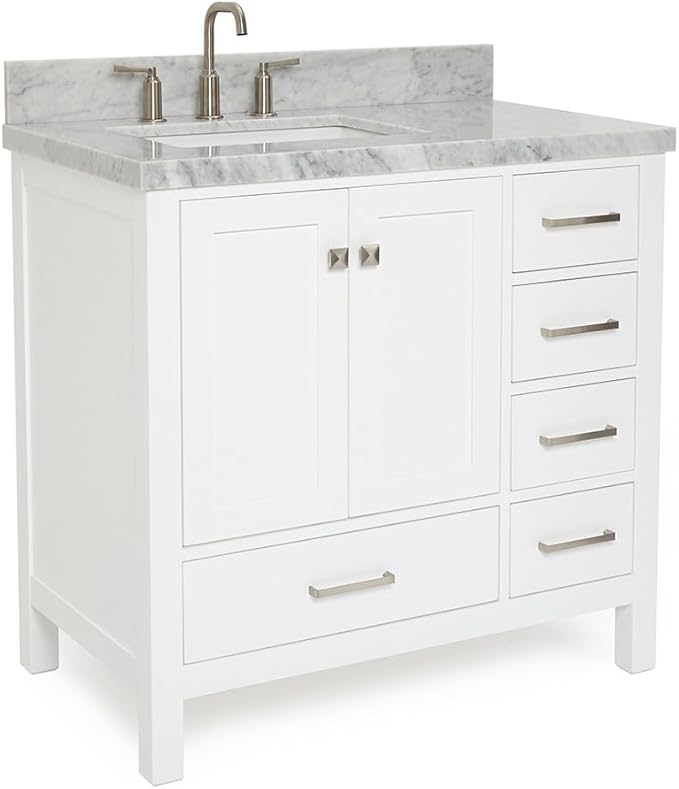 ARIEL Cambridge 36-inch Bathroom Vanity with Sink,Solid Wood, 1.5-inch Italian Carrara Marble Countertop, Single Rectangular Porcelain Sink, 2 Soft Closing Doors, 5 Dovetail Drawers, White