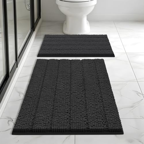 Bcoimo Bath Rug Mat Set, 2 Piece High Absorbent Chenille Bathroom Mat Black
