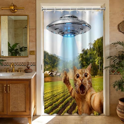 Small Stall Shower Curtain Rv Funny Cat UFO, 48 x 72 Inchs