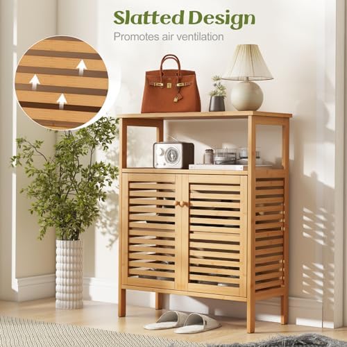 Tangkula Bamboo Floor Cabinet, Bathroom Storage Cabinet with Double Slatted Doors, Open Shelf, Removable Shelf, Storage Organizer for Bathroom Doorway Living Room Kitchen