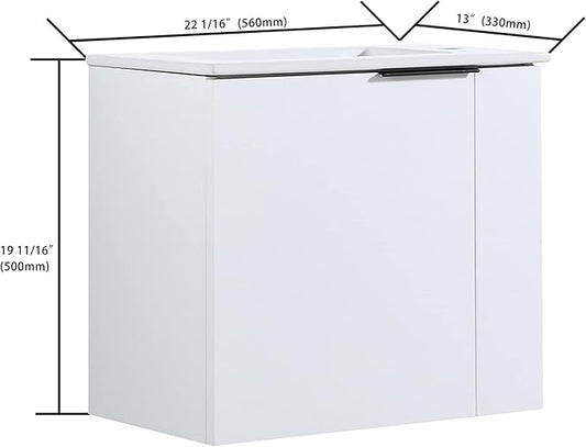 22" Floating Bathroom Vanity with Sink, Wall Mounted for Small Bathrooms, Soft-Close Door Cabinet with White Ceramic Basin & Waterproof Plywood, Modern Space Saving Vanity for Apartment