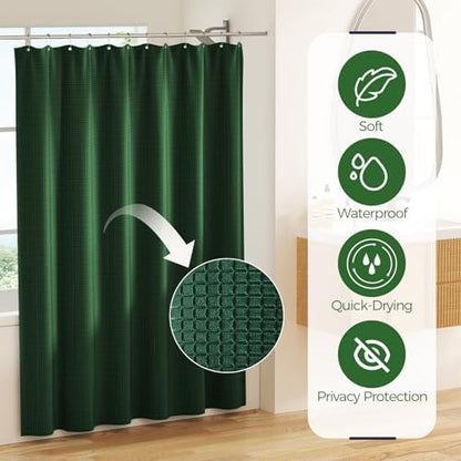 Green Bathroom Accessories Set - Bathroom Set with Shower Curtain and Rugs, Trash Can, Toilet Brush with Holder, Soap Dispenser, Toothbrush and Toothpaste Holder, Cup, Soap Dish, Qtip Holders, Hooks