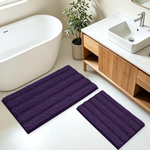 ACCUMTEK Striped Eggplant Purple Bathroom Rug Mat Set 2 piece 32"x20"+24"x17" Ultra Soft, Non Slip Chenille Bath Rugs, Absorbent Plush Shaggy Bath Mats for Bathroom, Bedroom, Kitchen, Shower, Tub