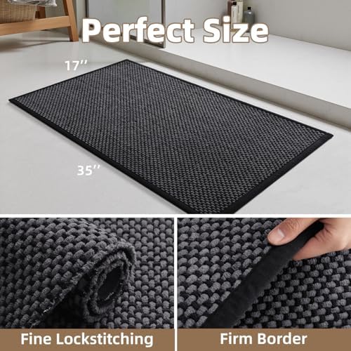 PADOOR-Bath Mat-Super Absorbent Chenille Bathroom Mats-Rubber Backed Bath Mats for Bathroom Non Slip, Easy Clean Bathroom Rugs Front of Bathtub,Shower Room,Sink-17×35, Darkgrey&Black