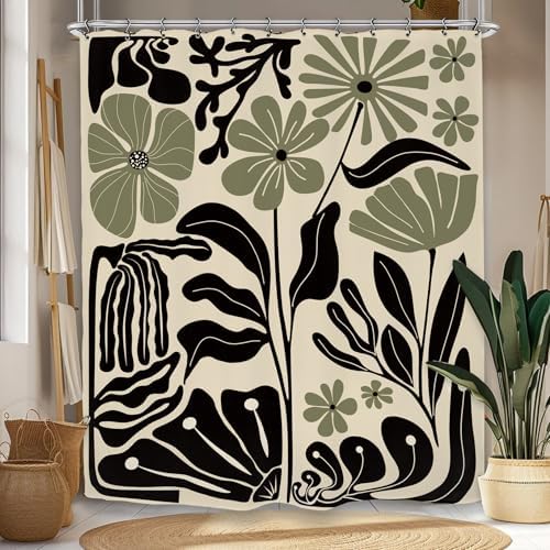 Abstract Black Sage Green Matisse Flower Shower Curtain 60Wx72L Inch Retro Vintage Aesthetic Minimalist Groovy Art 70s Trendy Modern Bathroom Set Accessories Decor with 12 Pack Hooks