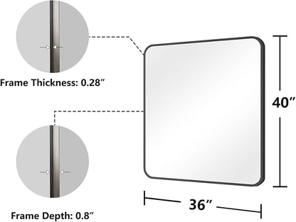 Koonmi Bathroom Mirror, 36X40 Brushed Black Rectangle Wall Mirror, HD Tempered Glass, Anti-Rust Frame Vanity Mirror, Rounded Rectangle Mirror for Restroom, Bedroom, Hangs Horizontal or Vertical