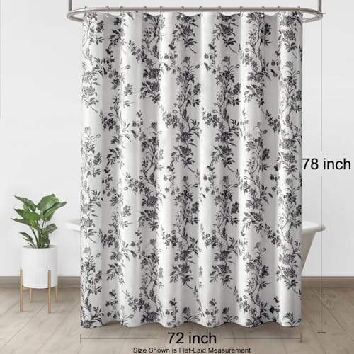 Black and White Floral Shower Curtain,Vintage Cotton Cottagecore Gray Shower Curtains for Bathroom, 72" W x 78" L
