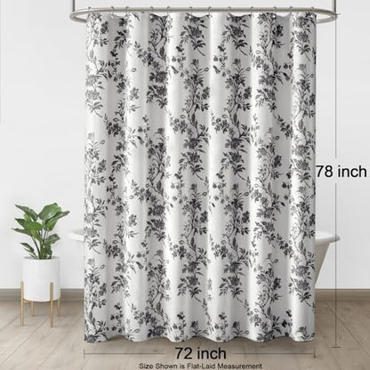 Black and White Floral Shower Curtain,Vintage Cotton Cottagecore Gray Shower Curtains for Bathroom, 72" W x 78" L