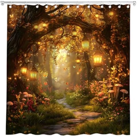 Fantasy Forest Path Shower Curtain Fall Fairy Magical Enchanted Misty Jungle Mushroom Floral Tree Butterfly Lantern Wonderland Bath Curtain Fabric Bathroom Accessories Decor with Hooks 70W x80L