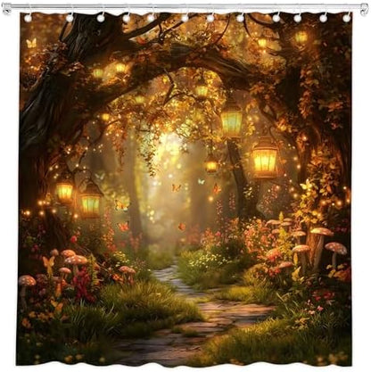 Fantasy Forest Path Shower Curtain Fall Fairy Magical Enchanted Misty Jungle Mushroom Floral Tree Butterfly Lantern Wonderland Bath Curtain Fabric Bathroom Accessories Decor with Hooks 70W x80L