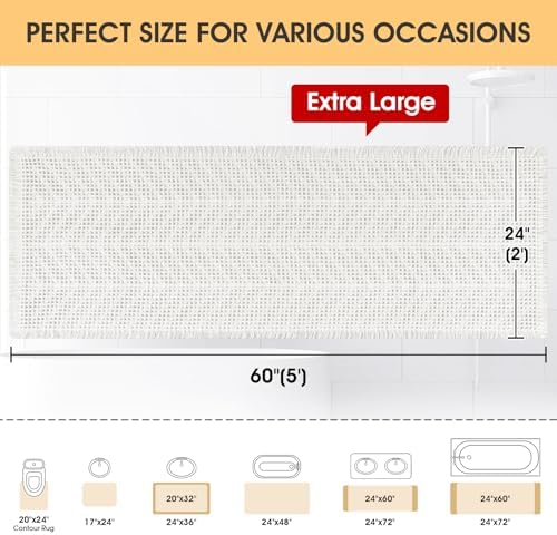 IM HOME Extra Large Waffle Bath Mat, Boho Bathroom Rugs Absorbent Non Slip, Ultra Soft Bathroom Mat, Machine Washable Knit Bath Rugs with Herringbones for Bathroom, Bedroom,Kitchen,Tub, 5'x2', White