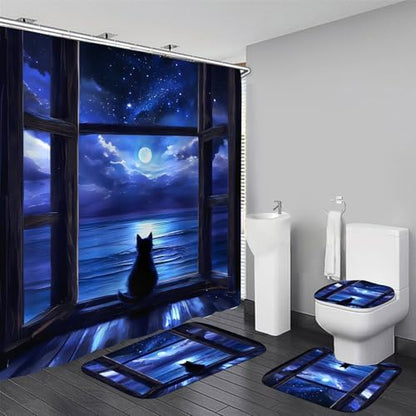 Yddsky 4Pcs Night Cat Bathroom Shower Curtain Sets for Bathtub,72x72 Inch