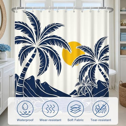 Tropical Bay Waterproof Shower Curtain with 12 Hooks, Navy Blue Palm Trees Shower Curtain Set for Bathroom, Metal Grommets & Weighted Bottom, Machine Washable Bath Curtain, 72x72 Inches