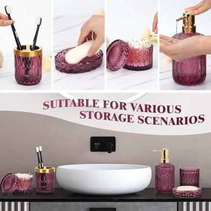 Bathroom Accessories Set, 5Pcs Bathroom Soap Dispenser Set, Glass Bathroom Accessories with Glass Soap Dispenser, Soap Dish, Toothbrush Holder, Tumbler, Cotton Swab Jar (Red)