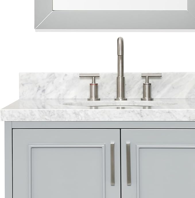 ARIEL Stafford 85 inch Bathroom Vanity Set in Grey, Double Oval Sink, 1.5" Carrara White Marble Countertops, 5 Soft Closing Doors, 6 Full Extension Dovetail Drawers, Mirror Cabinet