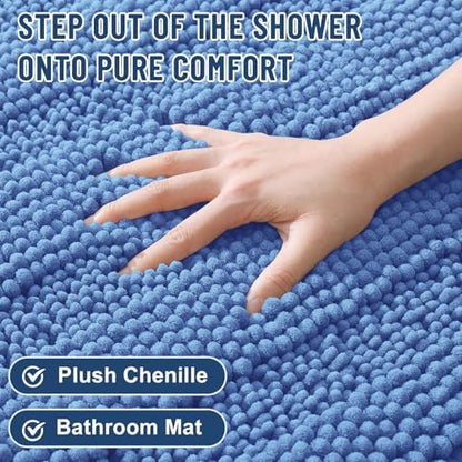 Grandaily Chenille Striped Bathroom Rugs 59x20, Extra Thick and Soft Absorbent Bath Mats, Rubber Backing, Plush Shaggy Shower Carpet, Machine Wash Dry, Bath Rug for Bathroom, Cornflower Blue