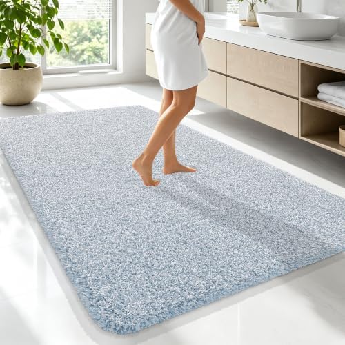 OLANLY Microfiber Bathroom Rugs 70x46, Quick Dry Mat, Airy Blue and White