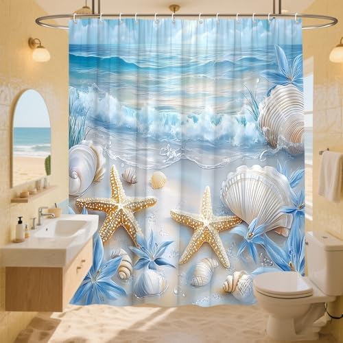 Beach Starfish Shower Curtain Sea Waves Seacoast Scenery with Sand with Various Seashells Scallop Conch Tropics Seaside Summer Coastal Ocean Theme Decorative Curtain with Polyester Fabric