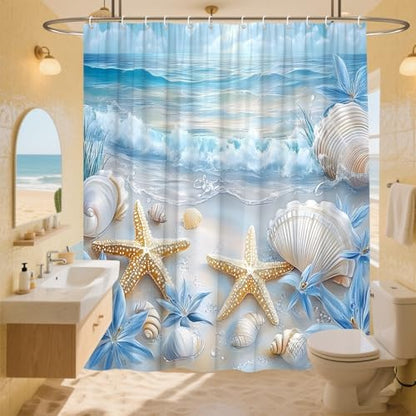 Beach Starfish Shower Curtain Sea Waves Seacoast Scenery with Sand with Various Seashells Scallop Conch Tropics Seaside Summer Coastal Ocean Theme Decorative Curtain with Polyester Fabric